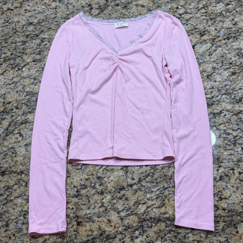 Free Kisses Pink Ribbed Lace Trim V-Neck Long Sleeve Top Medium v